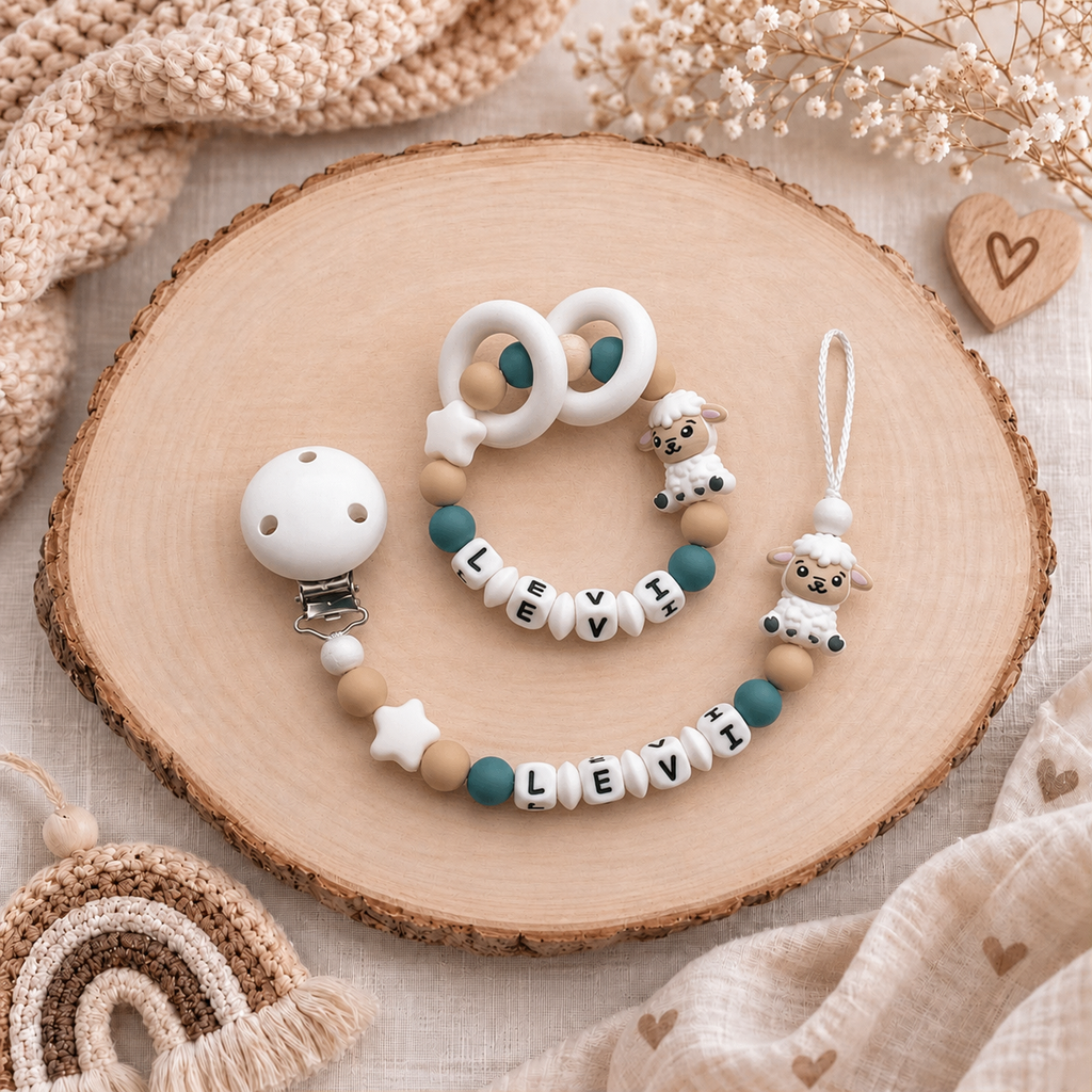 3er Set mit Namen Schaf | Schnullerkette, Greifring & Kinderwagenkette