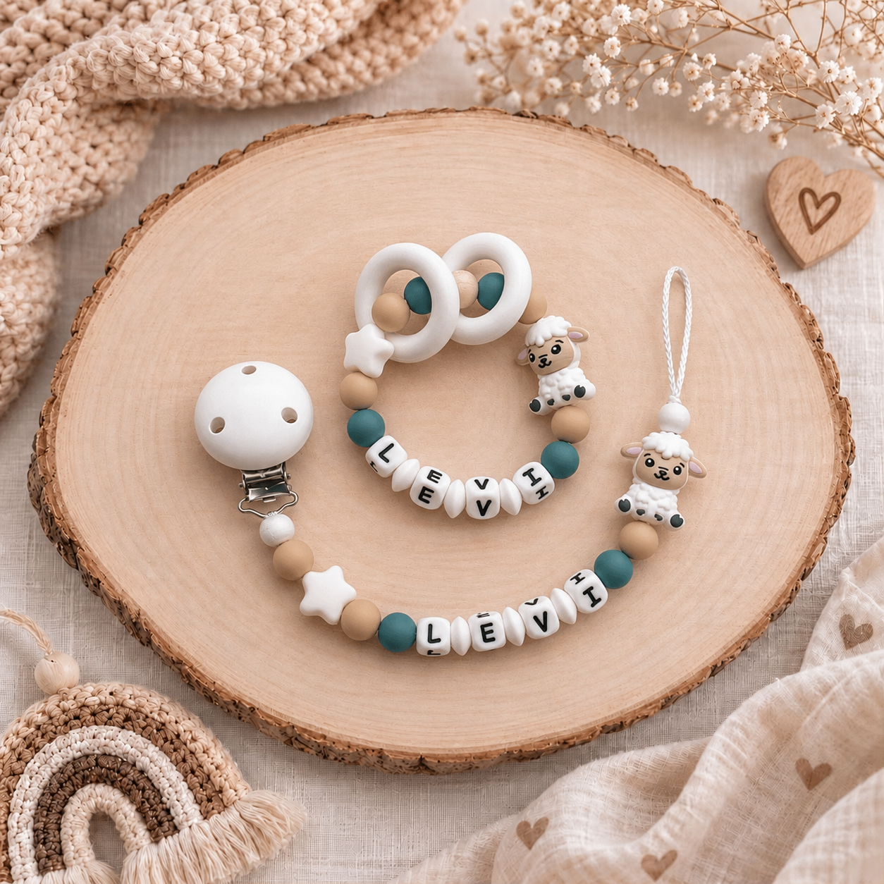 3er Set mit Namen Schaf | Schnullerkette, Greifring & Kinderwagenkette