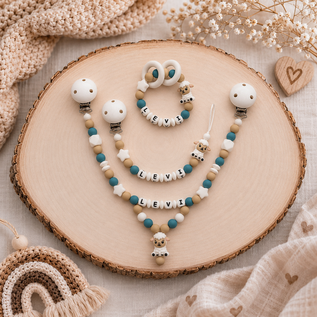 3er Set mit Namen Schaf | Schnullerkette, Greifring & Kinderwagenkette
