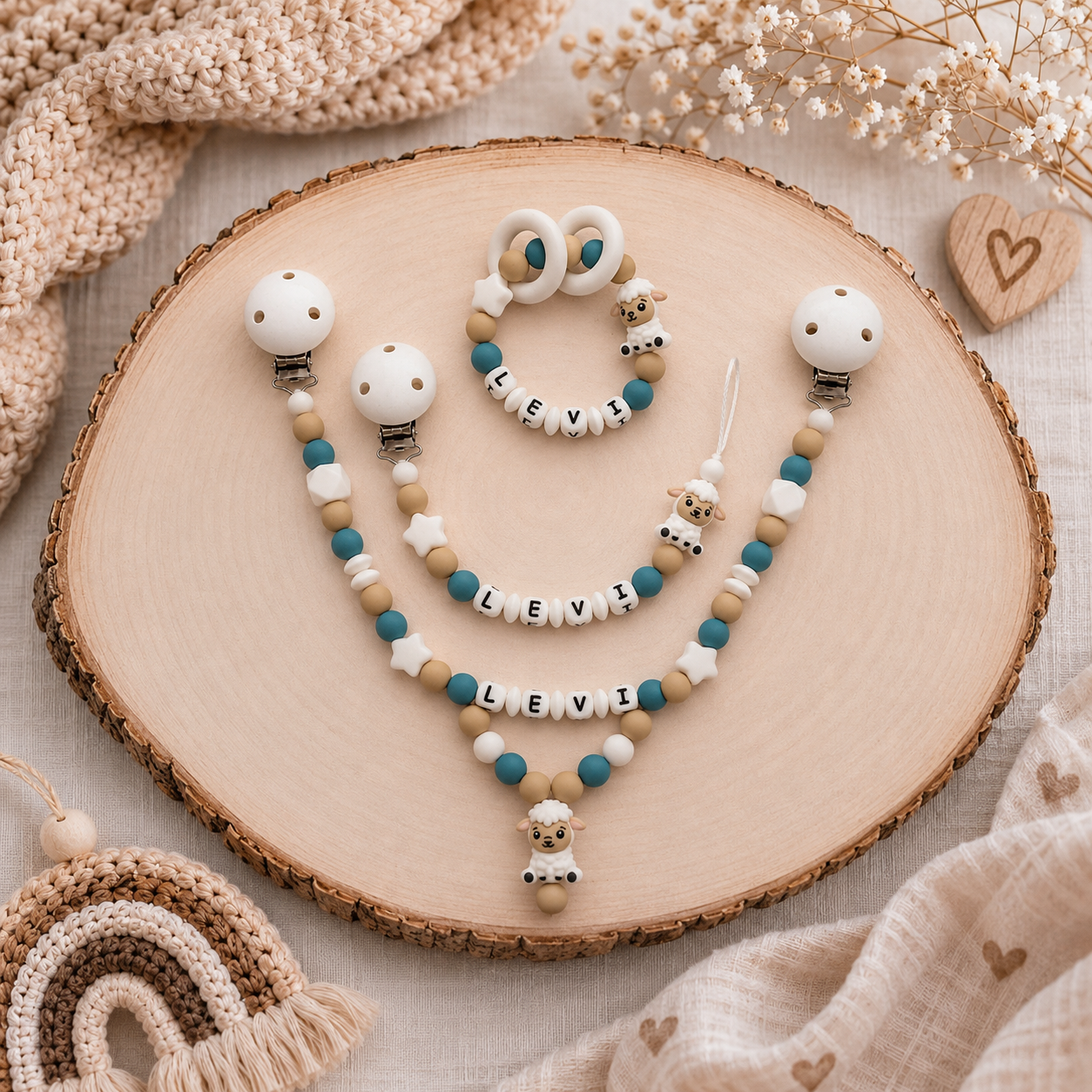 3er Set mit Namen Schaf | Schnullerkette, Greifring & Kinderwagenkette