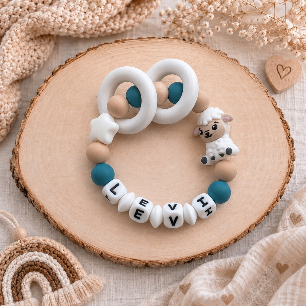 3er Set mit Namen Schaf | Schnullerkette, Greifring & Kinderwagenkette