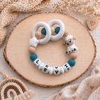 3er Set mit Namen Schaf | Schnullerkette, Greifring & Kinderwagenkette