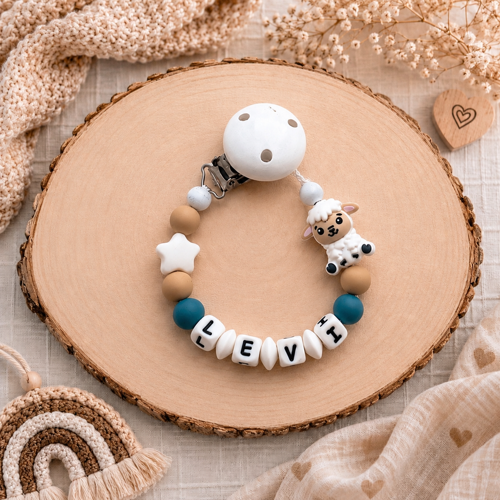 3er Set mit Namen Schaf | Schnullerkette, Greifring & Kinderwagenkette