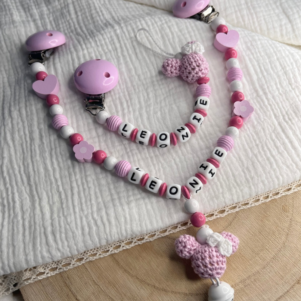 2er Set – Personalisierte Schnullerkette & Kinderwagenkette - Maus - Rosa Weiß