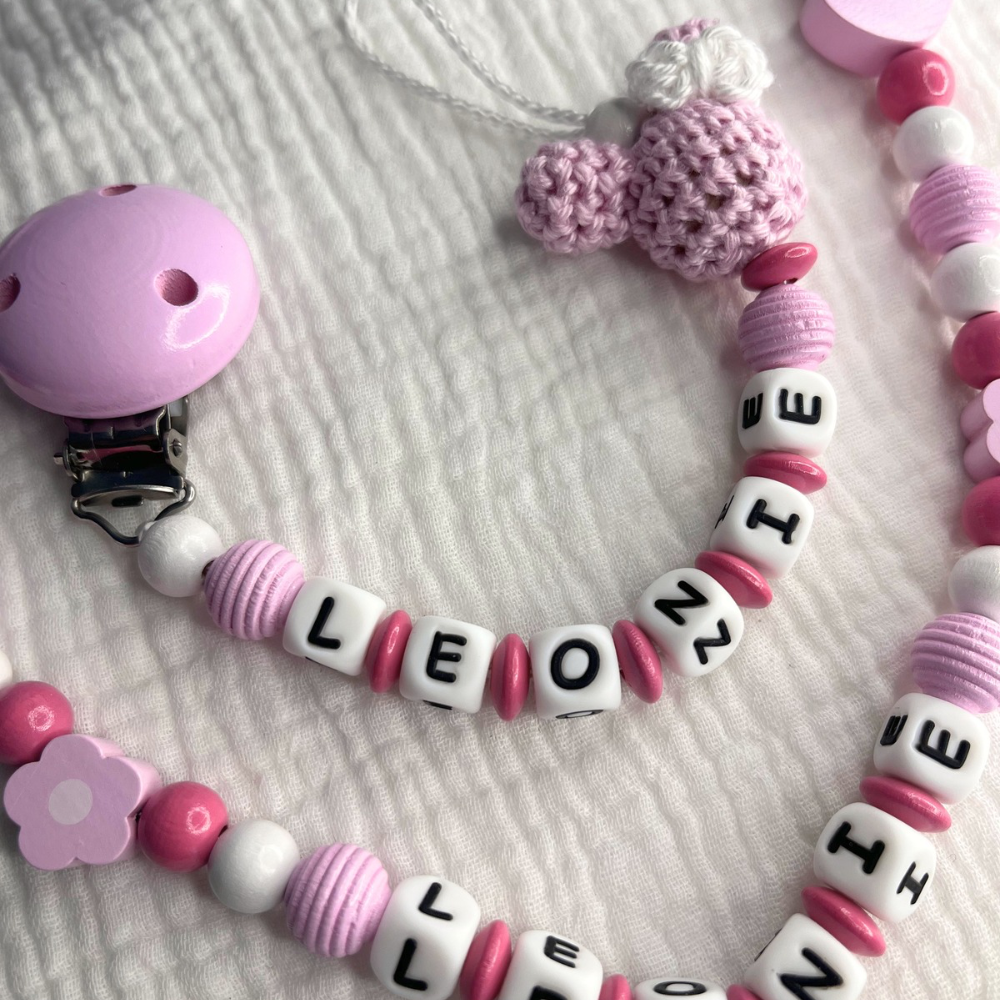 2er Set – Personalisierte Schnullerkette & Kinderwagenkette - Maus - Rosa Weiß