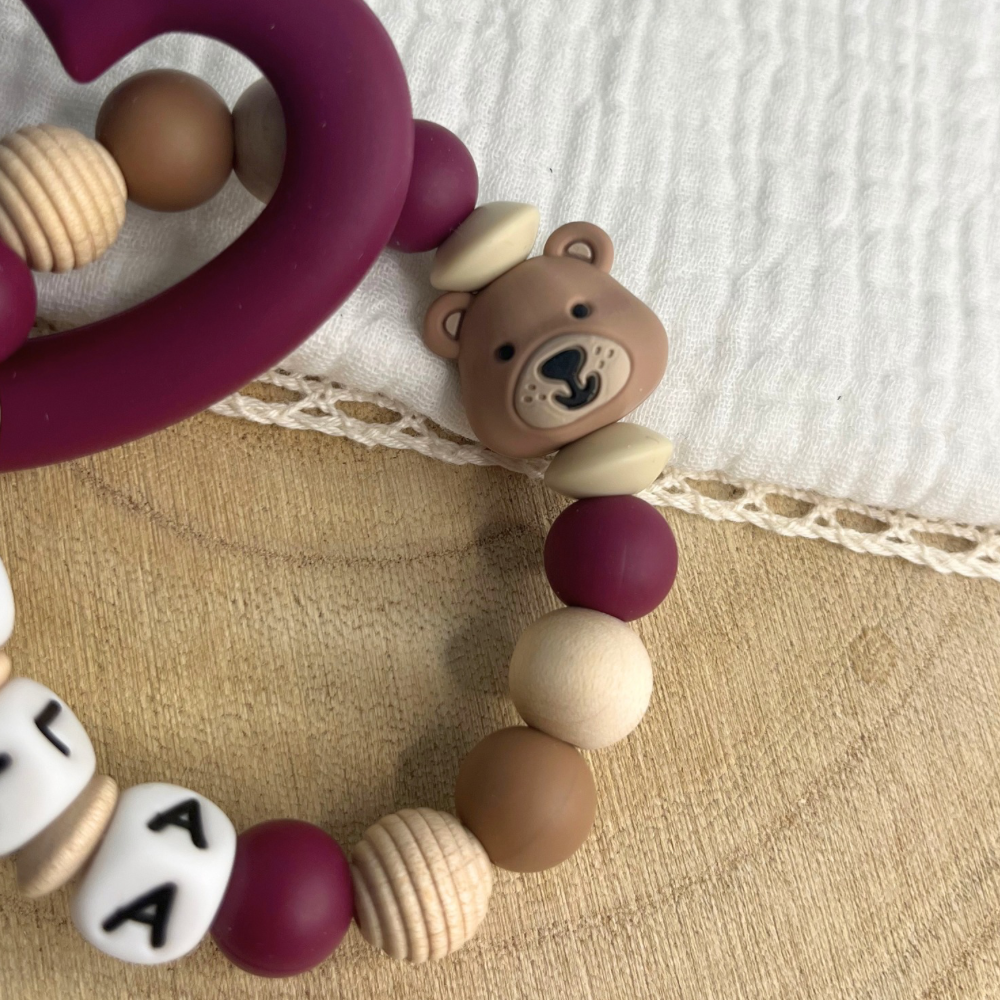 Personalisierter Greifring - 3D Teddykopf - Silikonherz