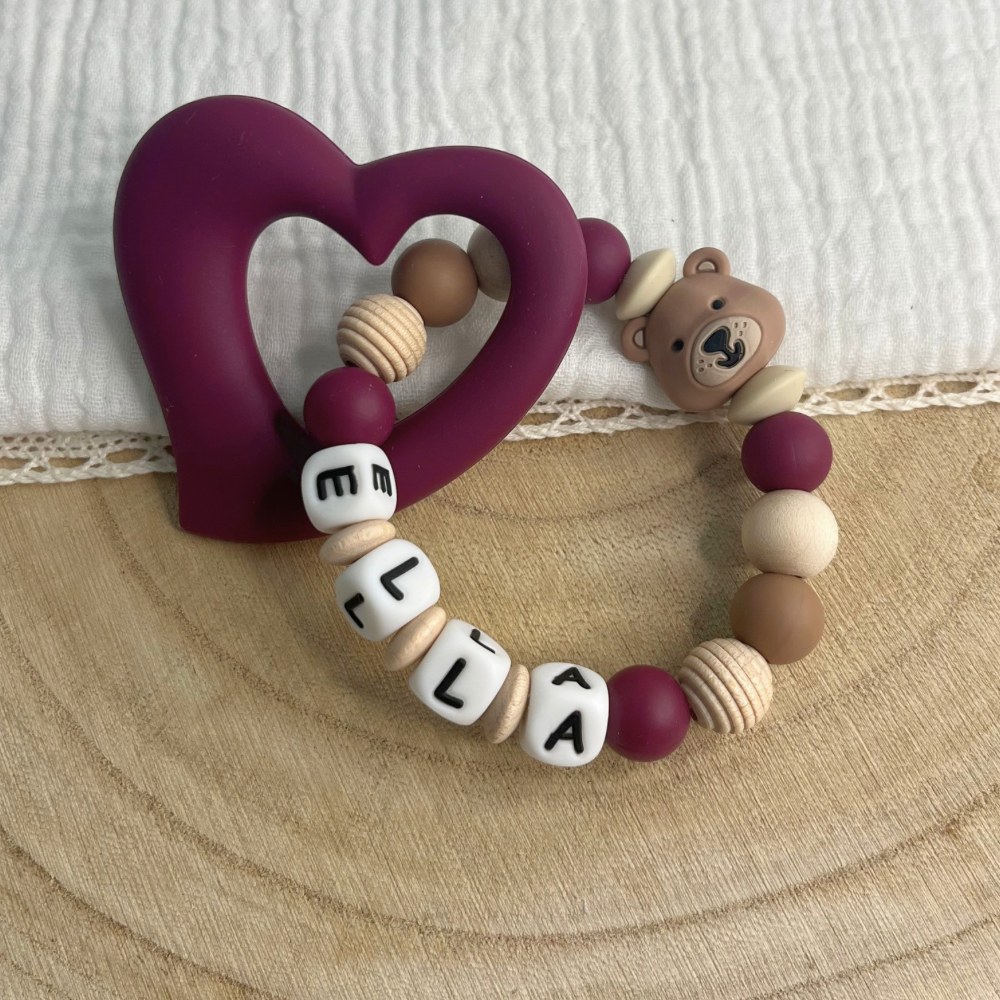 Personalisierter Greifring - 3D Teddykopf - Silikonherz