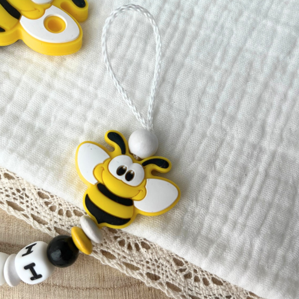 Schnullerkette mit Namen - personalisiert - Biene - schwarz weiß gelb - Geschenk zur Geburt, Taufe, oder Babyparty