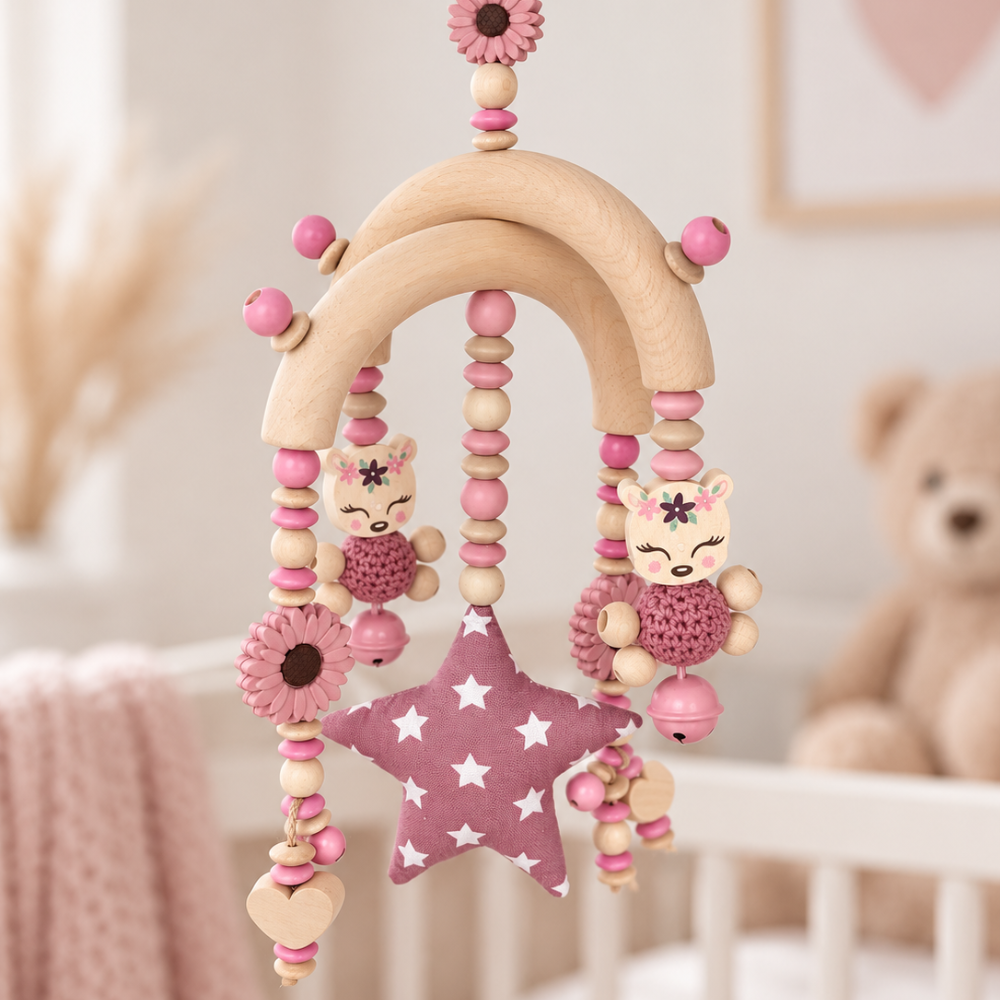 Baby Mobile Reh in rosa und Naturtönen - Mobile für Babybett, Stubenwagen oder Babyzimmer