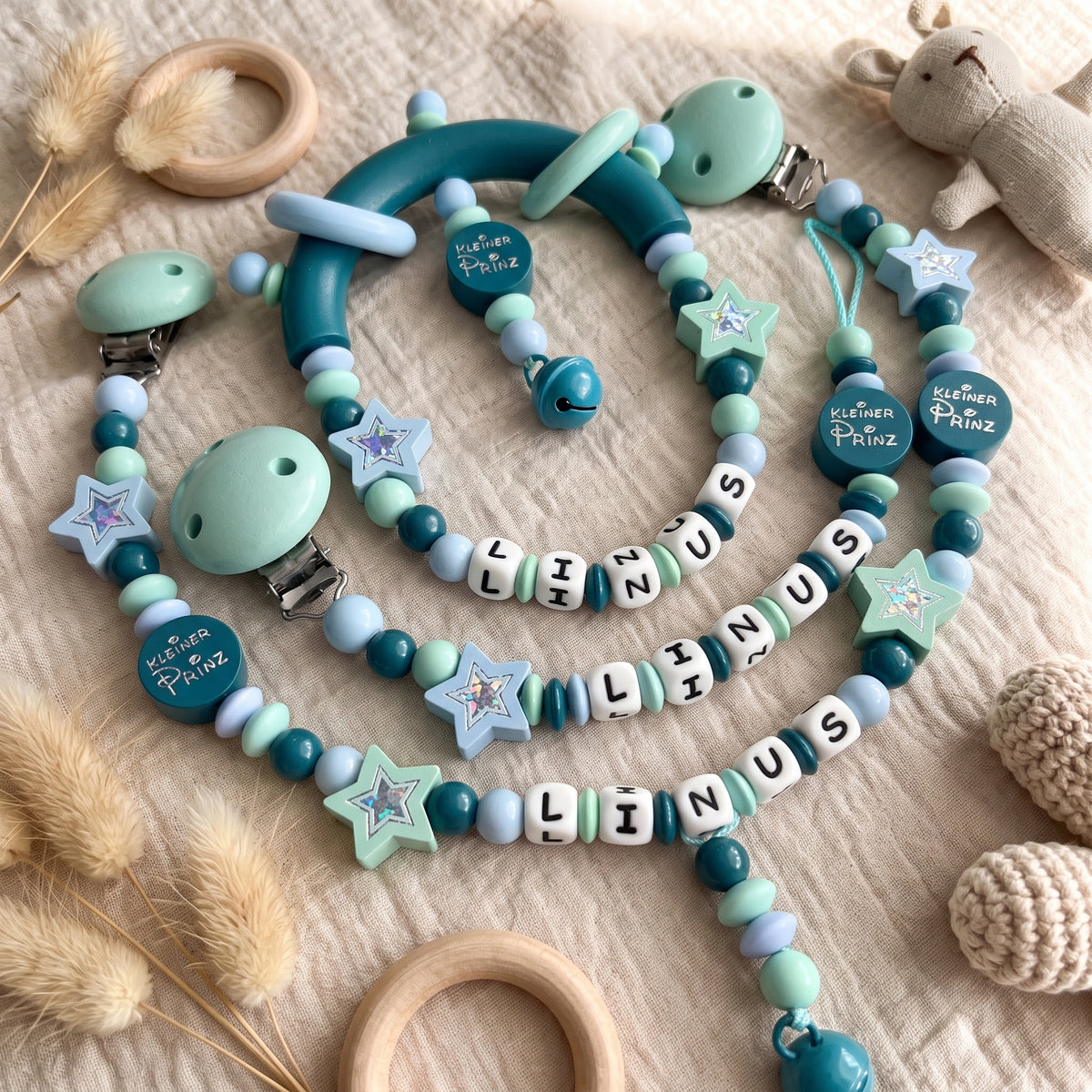 3er Set – Personalisierte Schnullerkette, Greifling & Kinderwagenkette - Kleiner Prinz