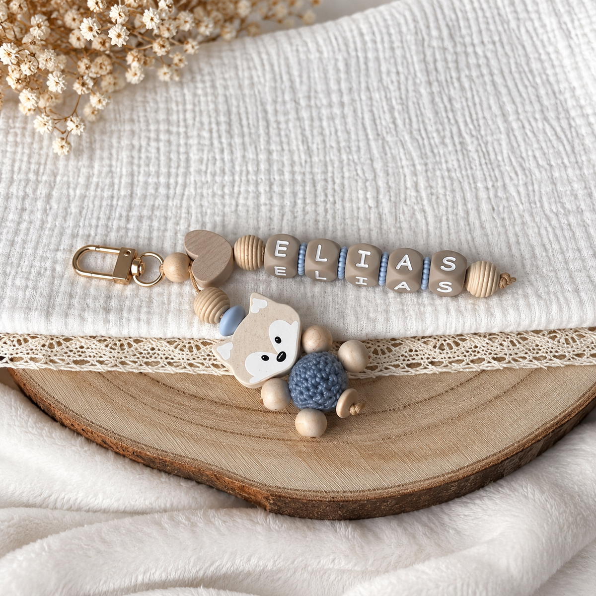 Schlüsselanhänger - Fuchs in blau, beige