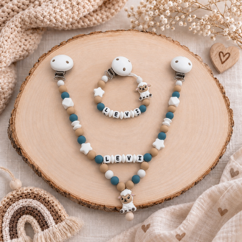 3er Set mit Namen Schaf | Schnullerkette, Greifring & Kinderwagenkette