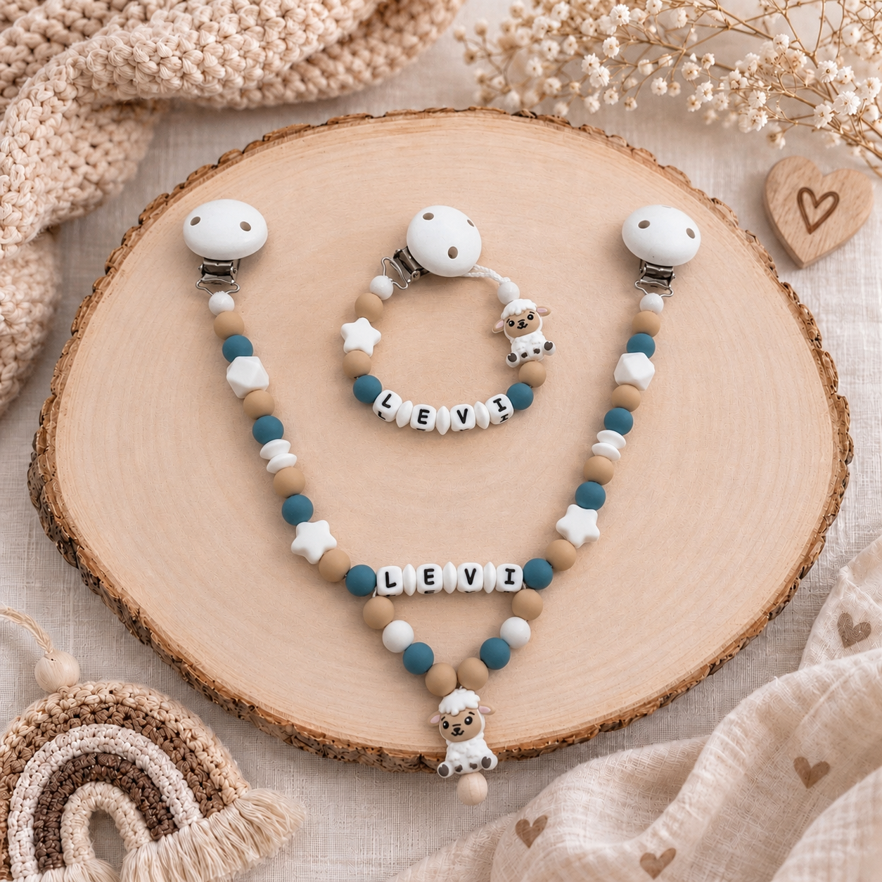 3er Set mit Namen Schaf | Schnullerkette, Greifring & Kinderwagenkette