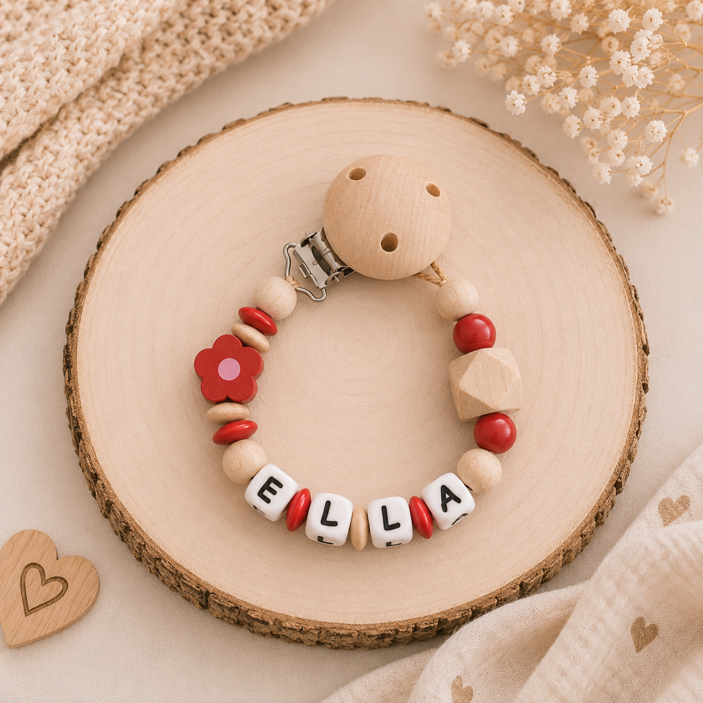 Personalisierte Schnullerkette | Blümchen in rot