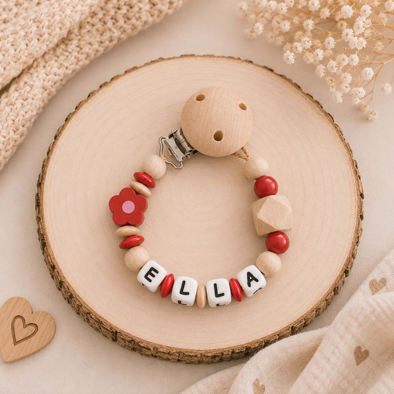 Personalisierte Schnullerkette | Blümchen in rot