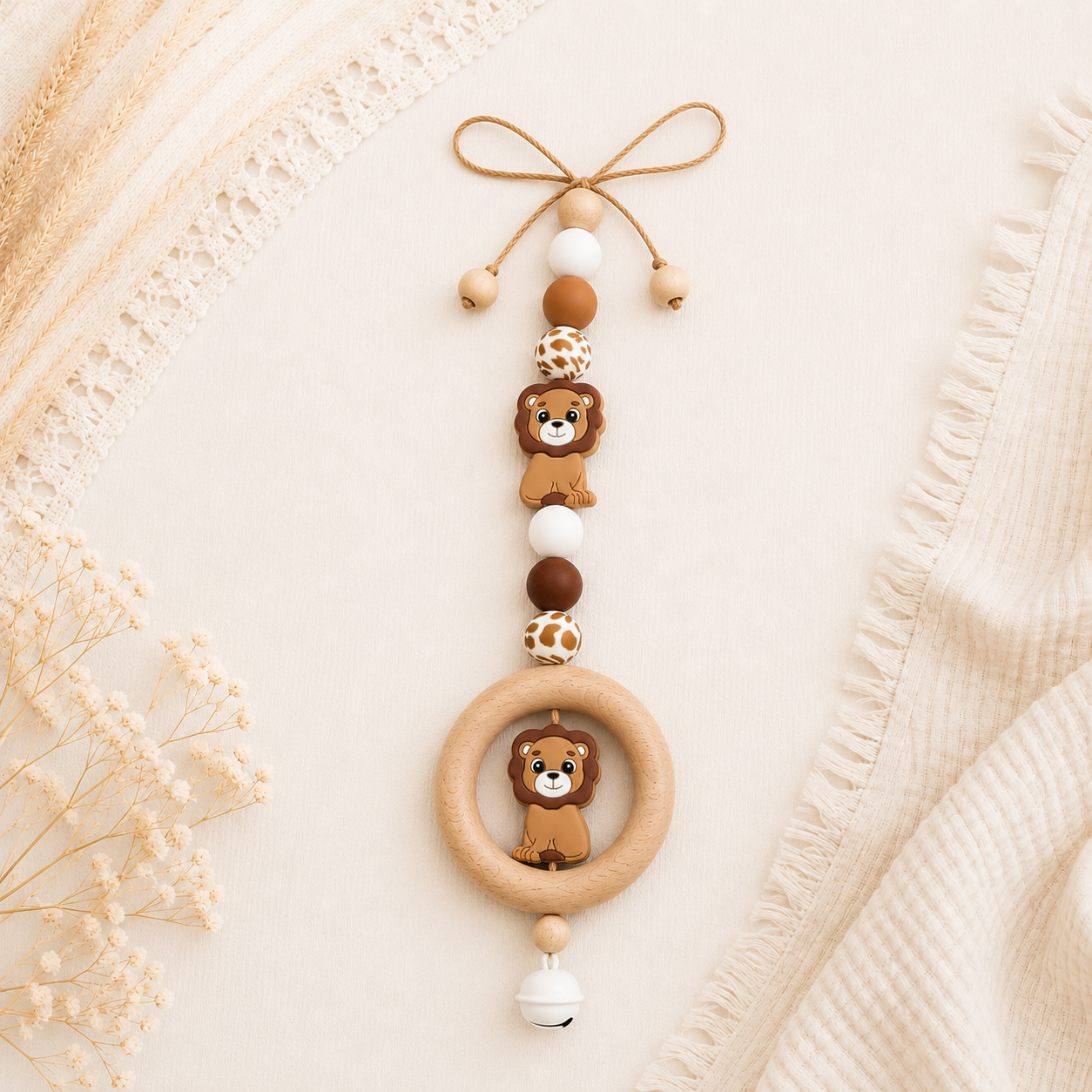 4er Set, Schnullerkette, Kinderwagenkette, Greifring, Babyschalen-Kette | Löwe in Leomuster