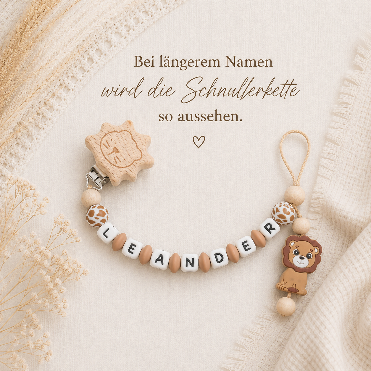 4er Set, Schnullerkette, Kinderwagenkette, Greifring, Babyschalen-Kette | Löwe in Leomuster
