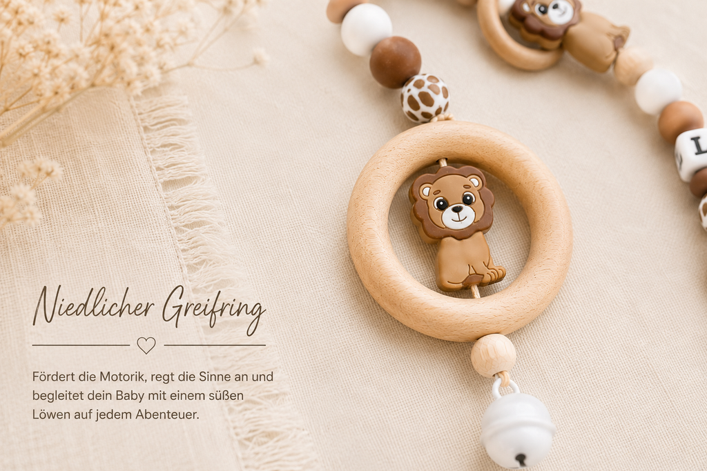 4er Set, Schnullerkette, Kinderwagenkette, Greifring, Babyschalen-Kette | Löwe in Leomuster