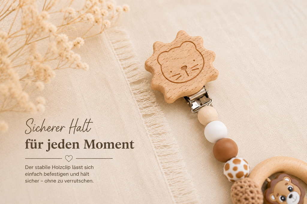 4er Set, Schnullerkette, Kinderwagenkette, Greifring, Babyschalen-Kette | Löwe in Leomuster