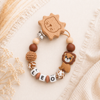 4er Set, Schnullerkette, Kinderwagenkette, Greifring, Babyschalen-Kette | Löwe in Leomuster