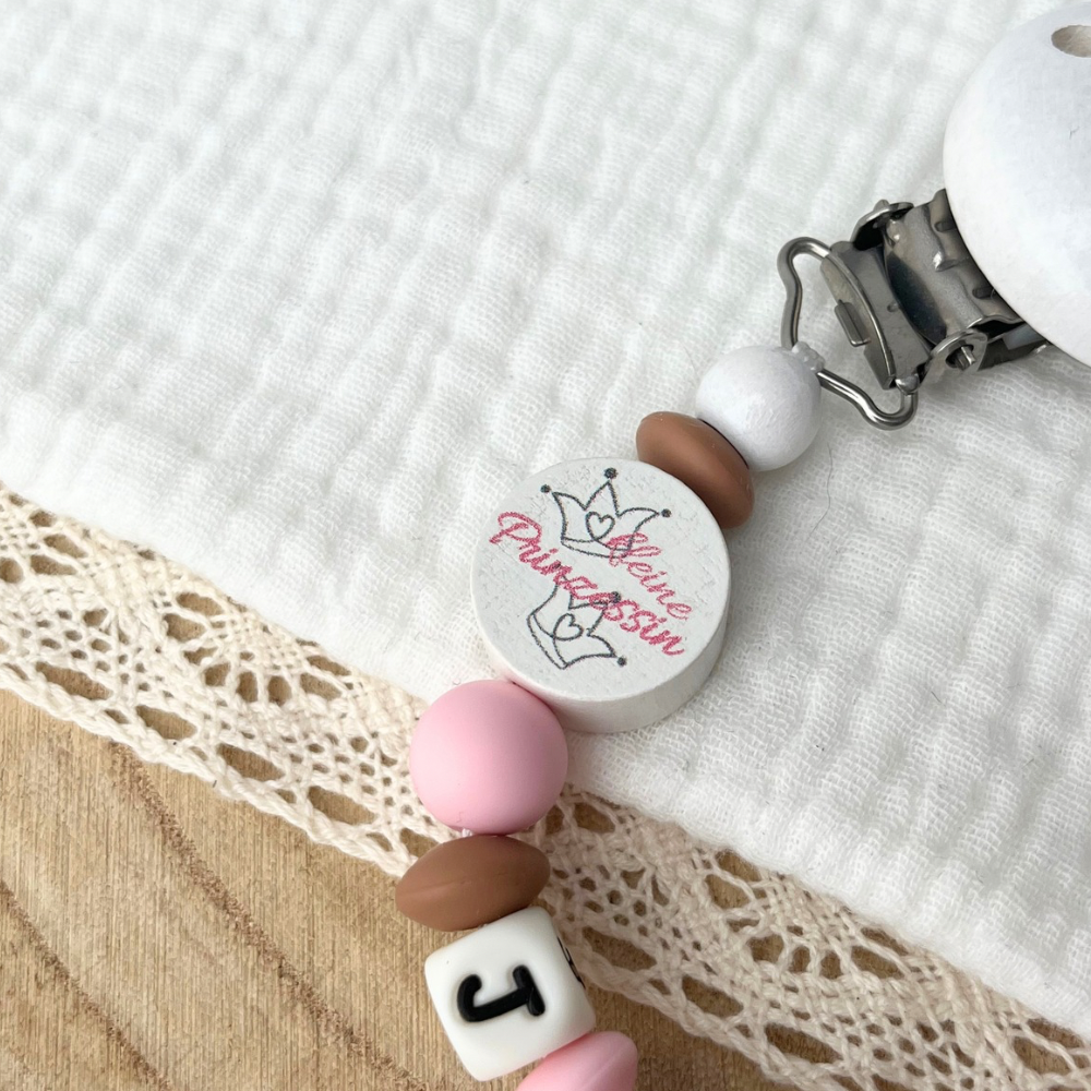 Schnullerkette mit Namen - personalisiert - Kleine Prinzessin - rosa braun weiß - Geschenk zur Geburt, Taufe, oder Babyparty