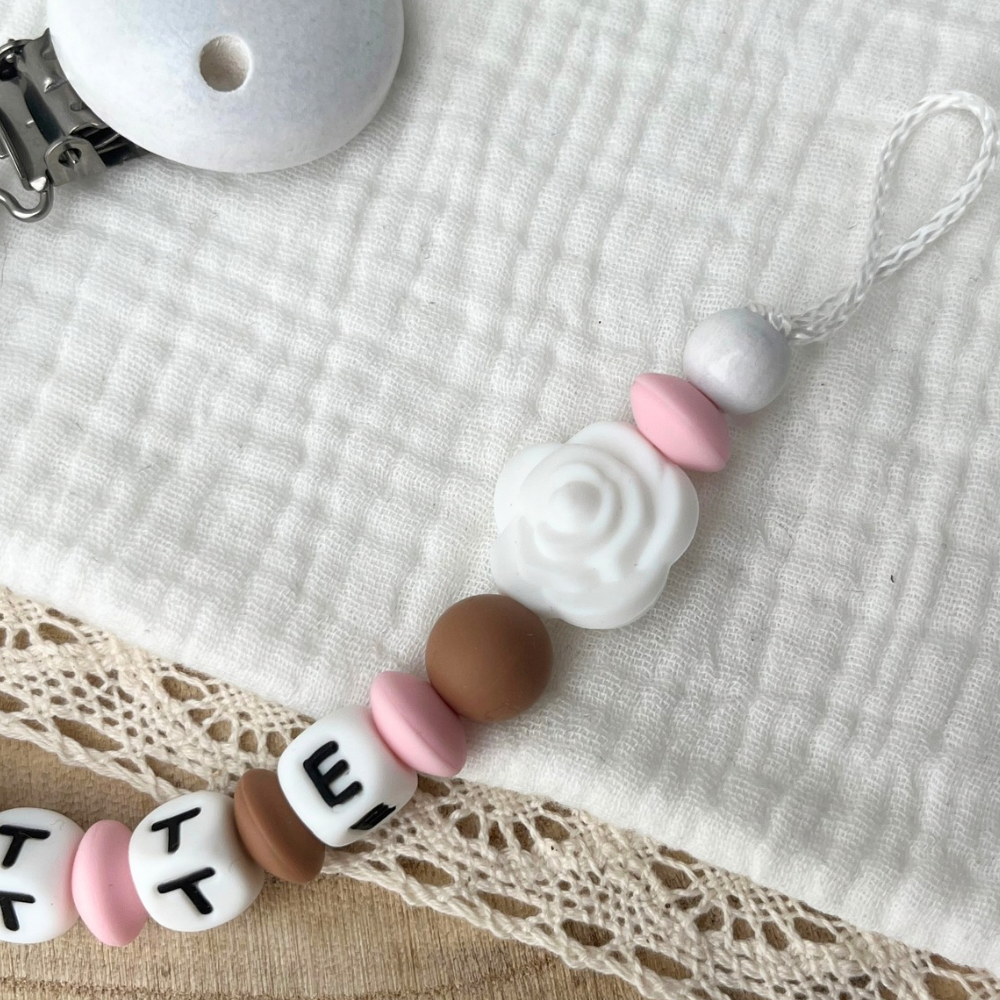Schnullerkette mit Namen - personalisiert - Kleine Prinzessin - rosa braun weiß - Geschenk zur Geburt, Taufe, oder Babyparty