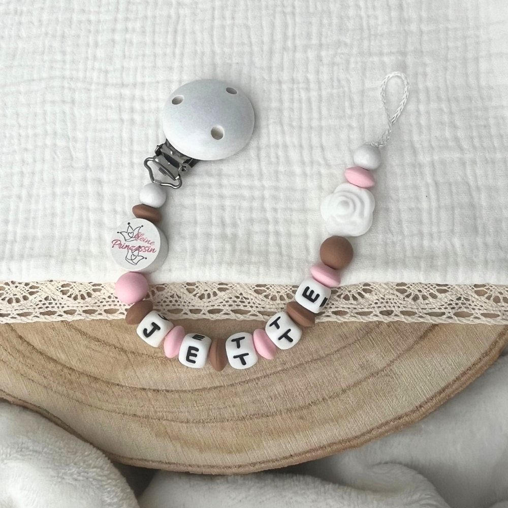 Schnullerkette mit Namen - personalisiert - Kleine Prinzessin - rosa braun weiß - Geschenk zur Geburt, Taufe, oder Babyparty