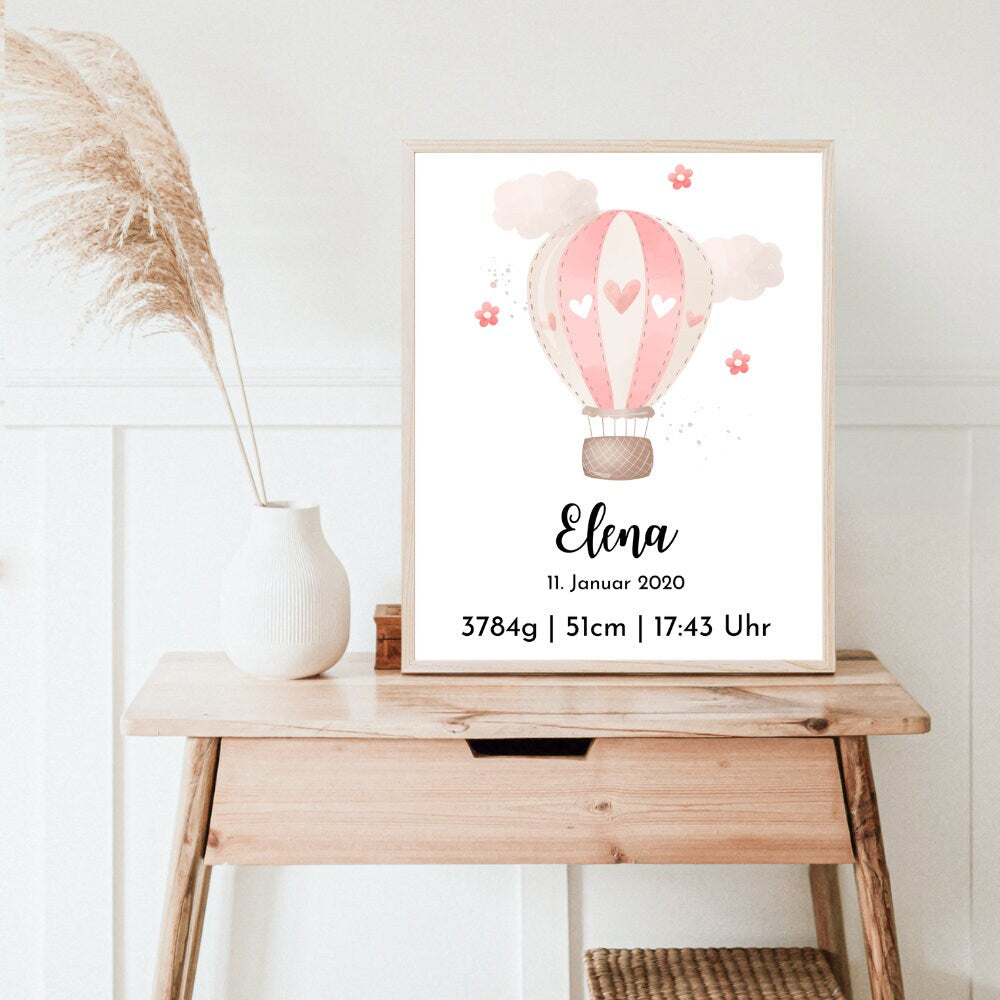 Geburtsposter - Heißluftballon Rosa