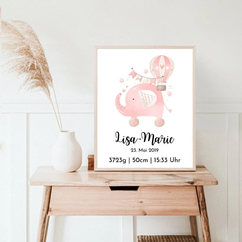 Geburtsposter - Elefant Rosa