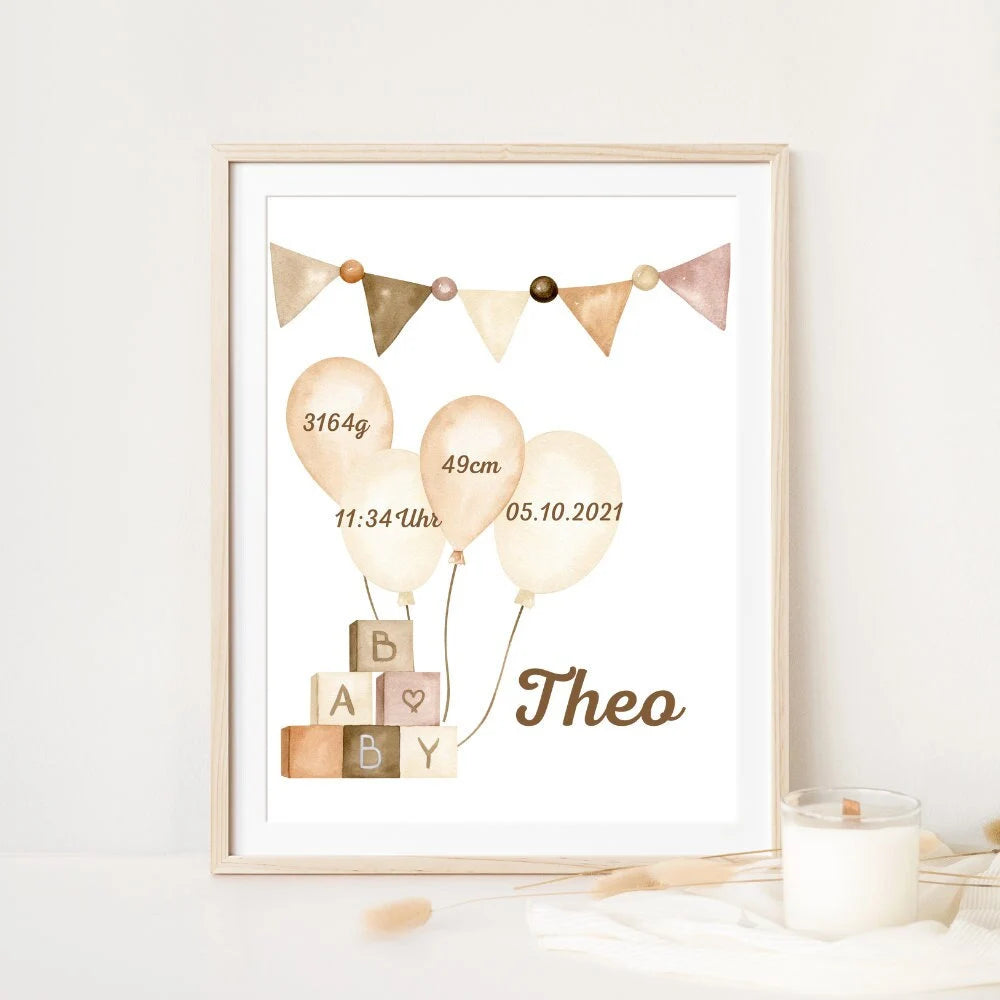 Geburtsposter - Wimpelkette Natur/Beige