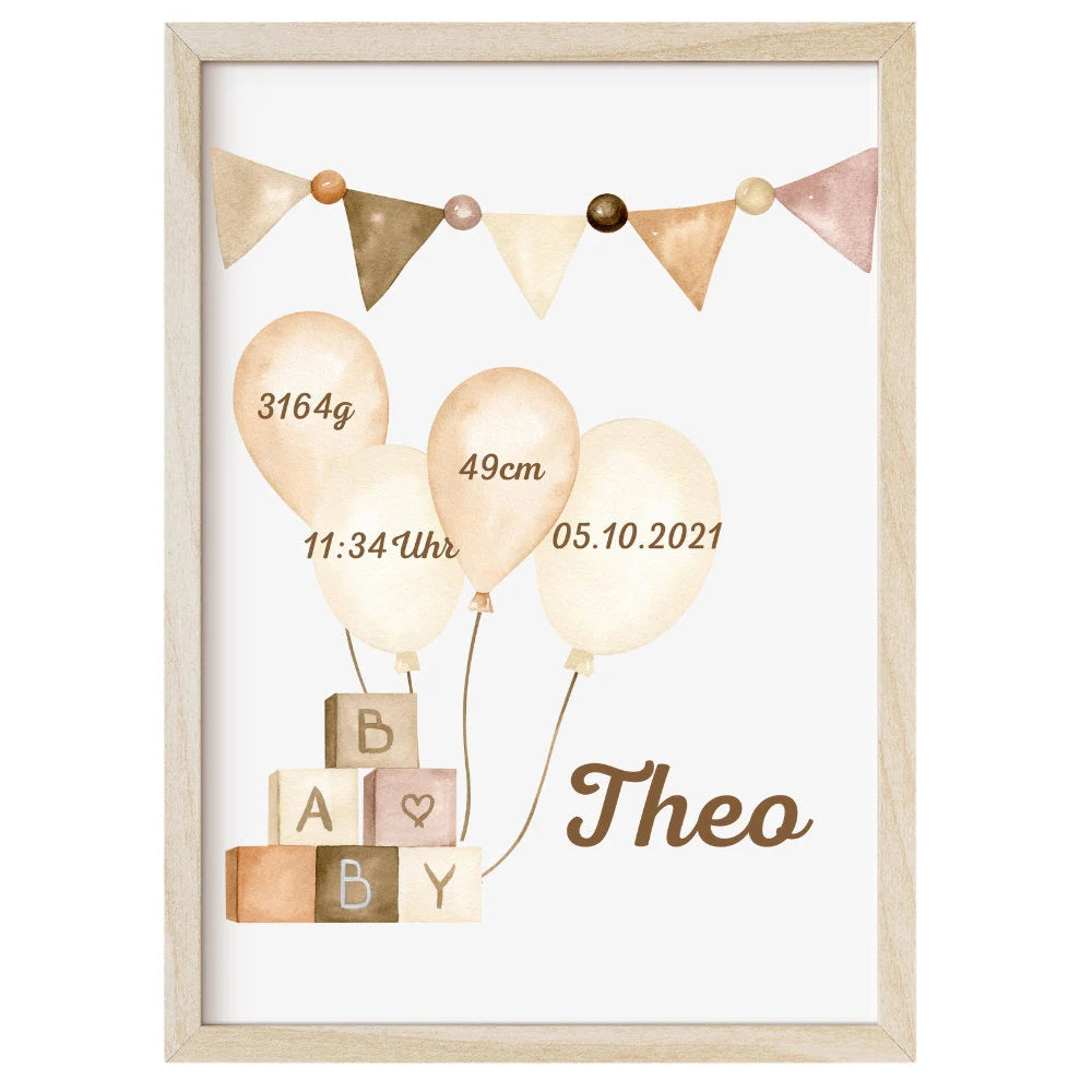 Geburtsposter - Wimpelkette Natur/Beige