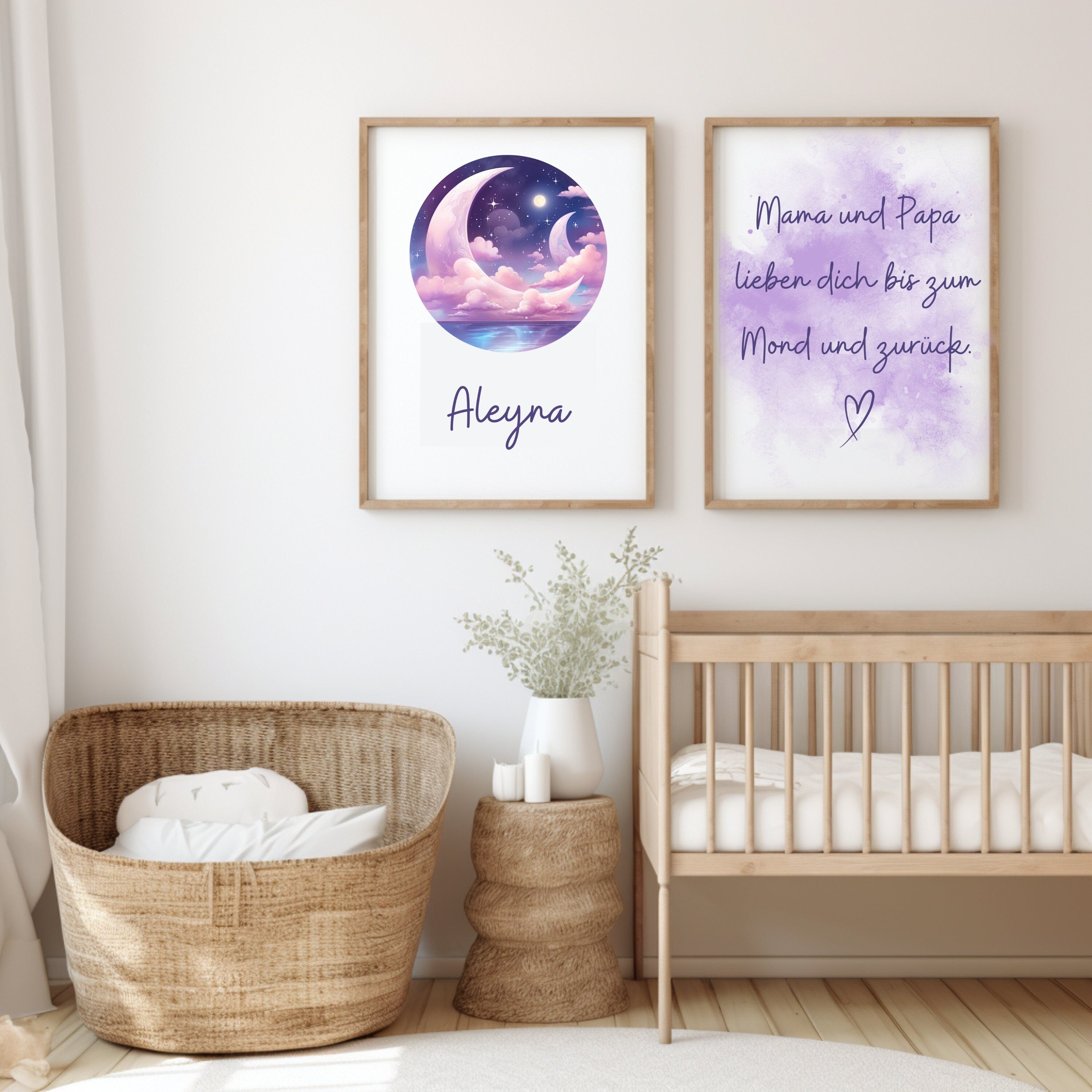 2er Set Geburtsposter - Mond Lila