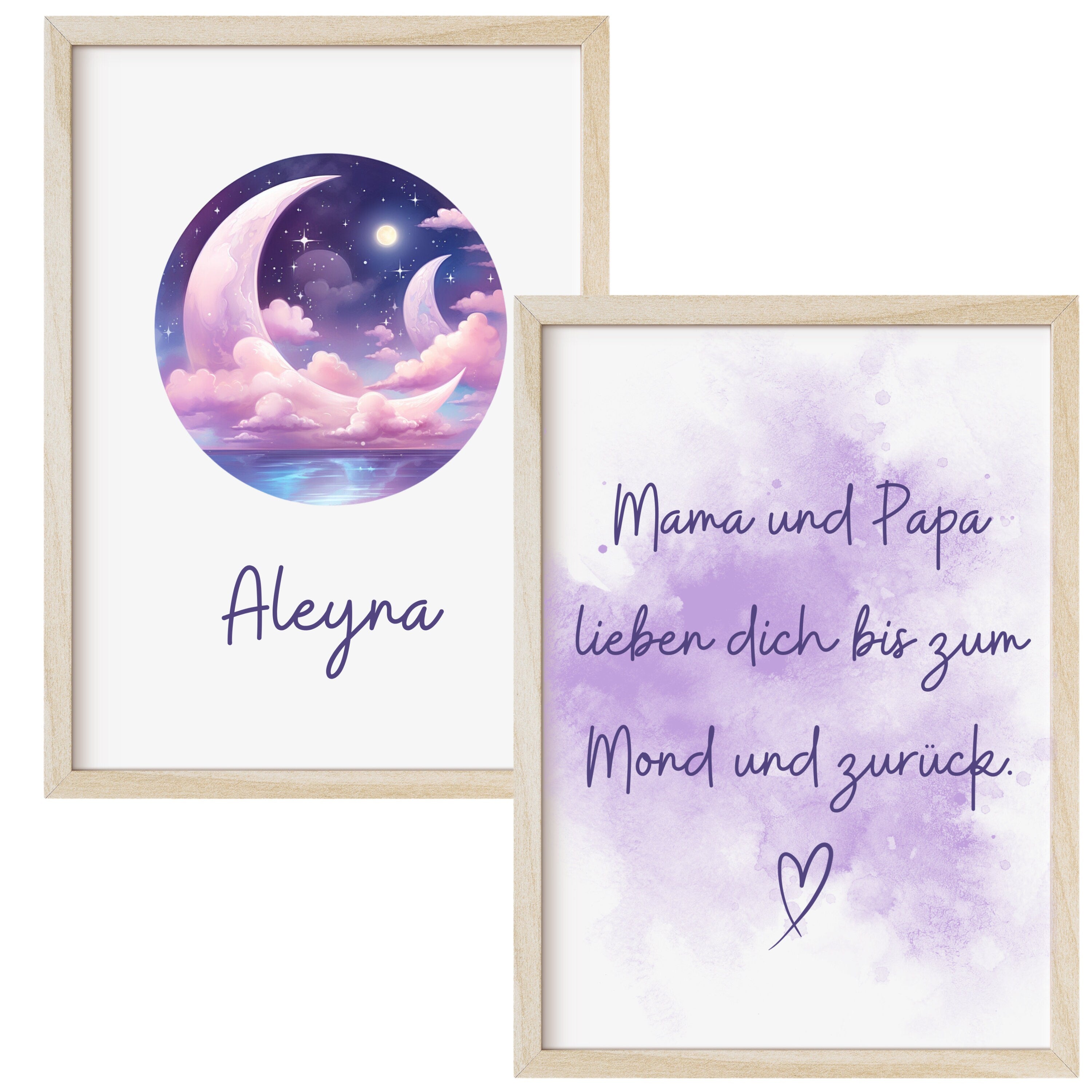 2er Set Geburtsposter - Mond Lila