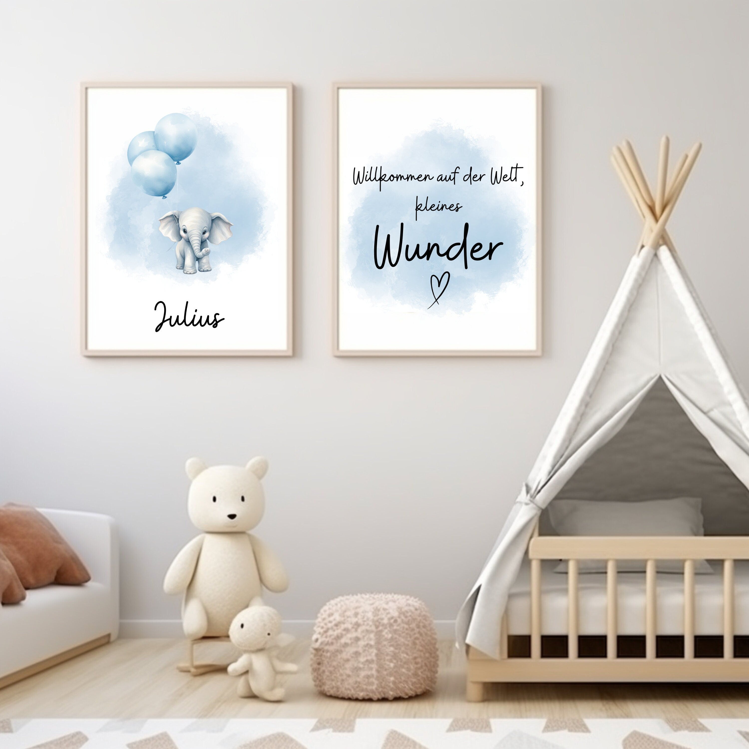 2er Set Geburtsposter - Elefant Blau