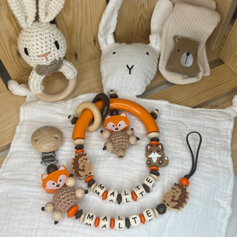 2er Set Schnullerkette & Greifring personalisiert Mädchen Junge Natur und Rosatöne