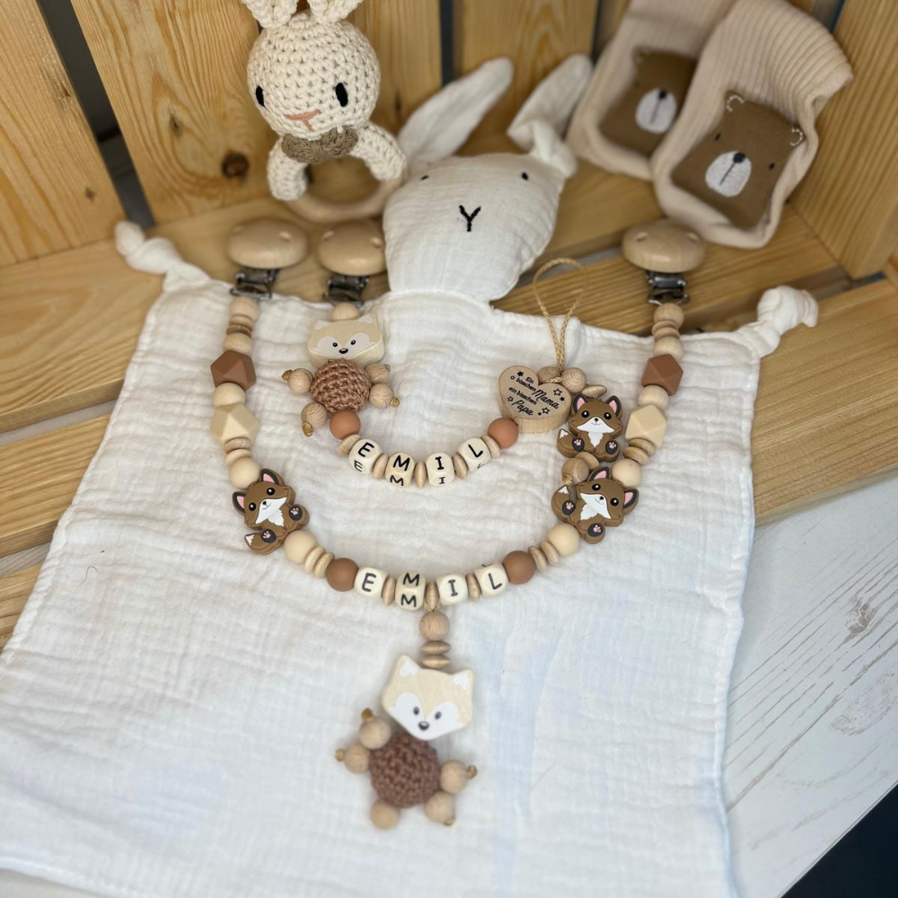 Schnullerkette & Kinderwagenkette mit Namen Fuchs Naturfarben