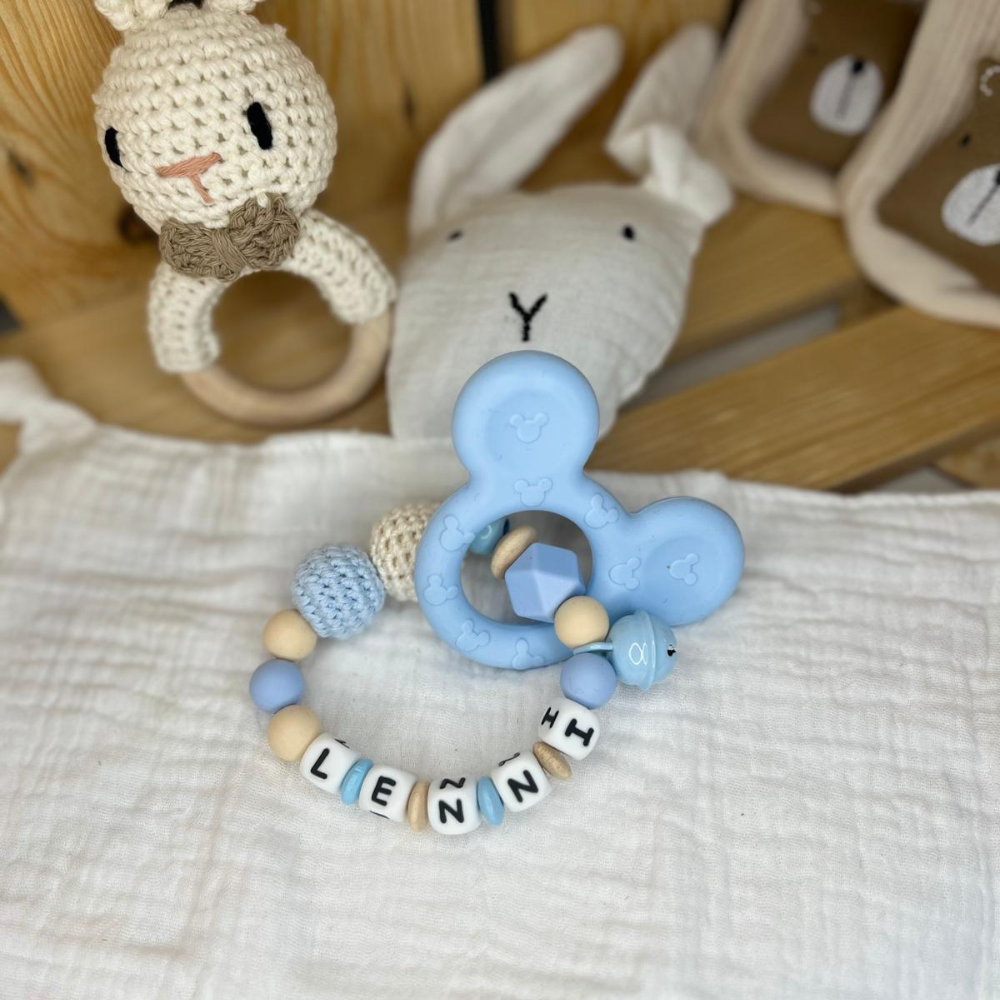 Greifling mit Mickey Maus, Blau, Namen personalisiert | Babyspielzeug | Geschenke zur Geburt Taufe oder Babyparty