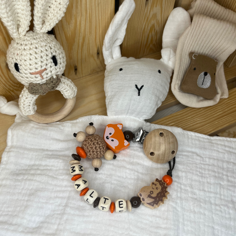 2er Set Schnullerkette & Greifring personalisiert Mädchen Junge Natur und Rosatöne