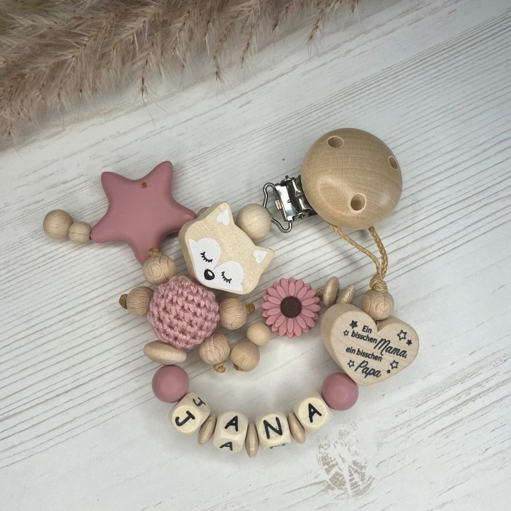 Schnullerkette mit Name – Fuchs Mädchen | Liebevoll handgefertigt & personalisiert