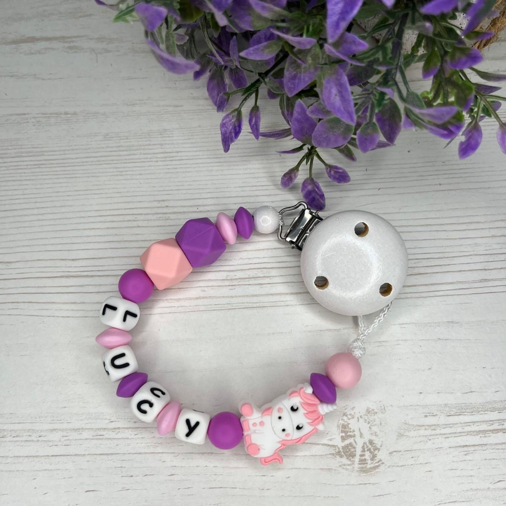 Schnullerkette mit Namen - Einhorn, Geschenk zur Geburt, Taufe oder Babyparty