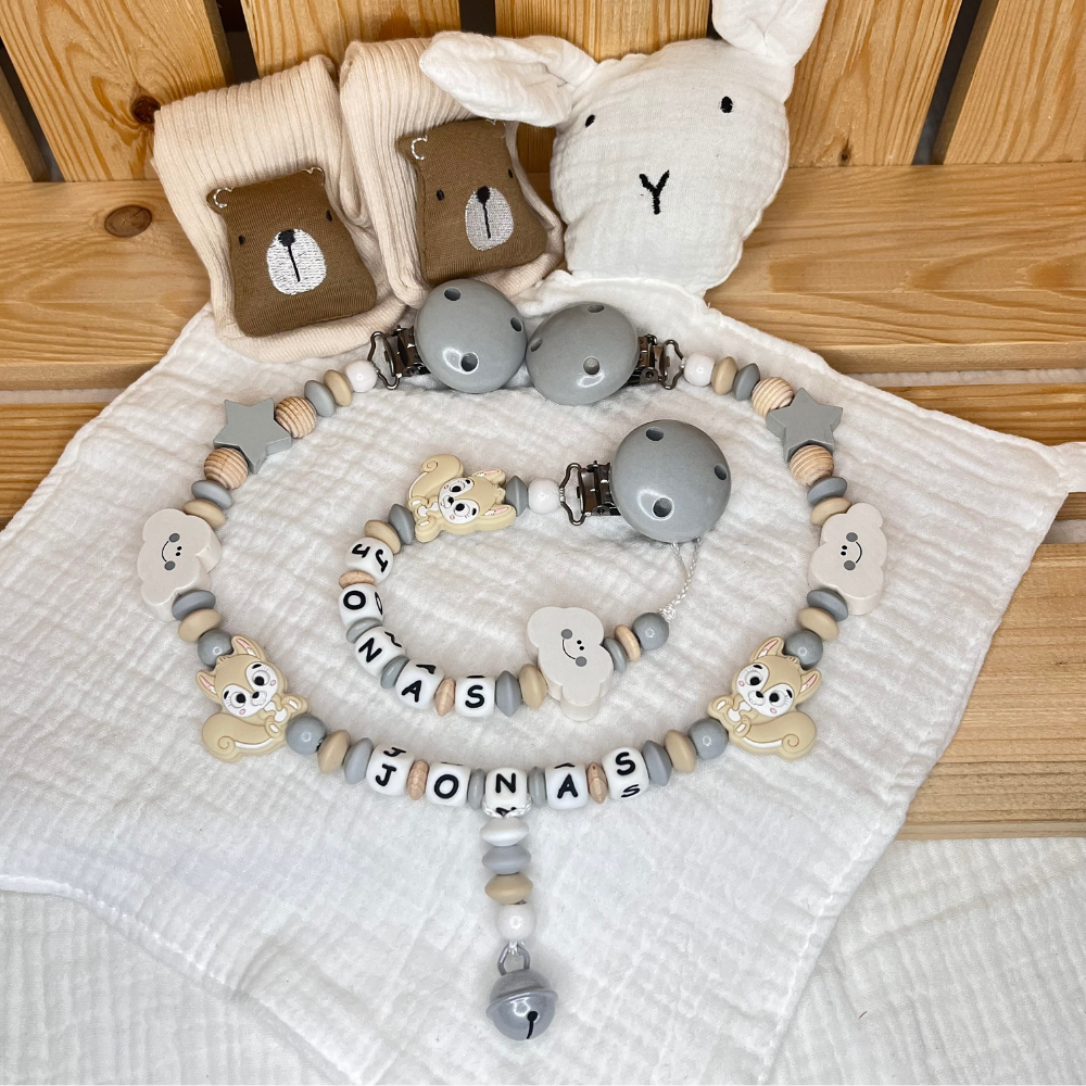 Personalisiertes Baby-Set mit Namen – Greifling, Schnullerkette & Kinderwagenkette für Jungen & Mädchen
