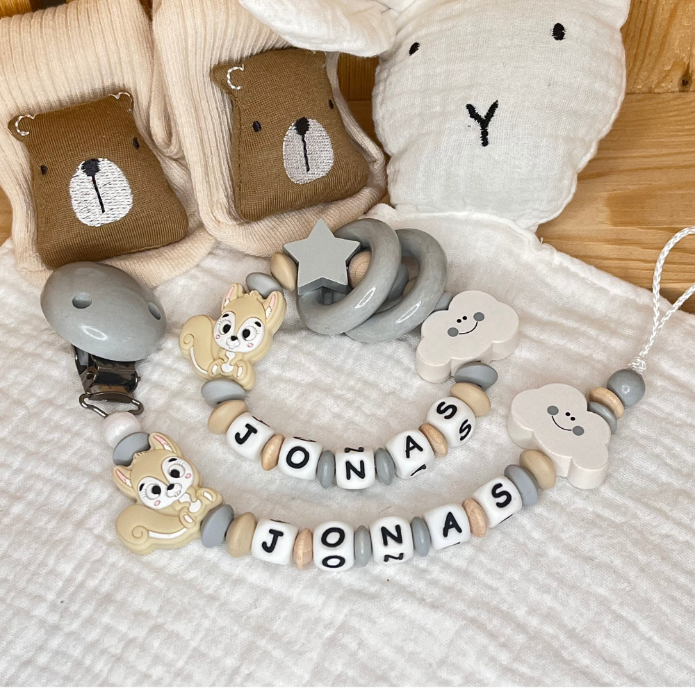Personalisiertes Baby-Set mit Namen – Greifling, Schnullerkette & Kinderwagenkette für Jungen & Mädchen