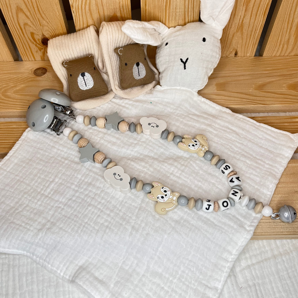 Personalisiertes Baby-Set mit Namen – Greifling, Schnullerkette & Kinderwagenkette für Jungen & Mädchen