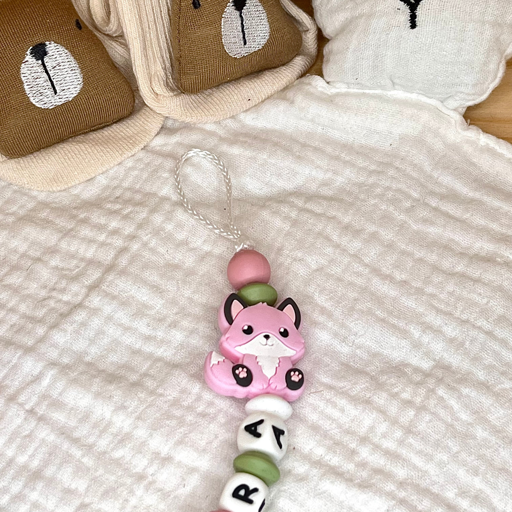 Schnullerkette mit Namen für Mädchen - Fuchs - rosa grün