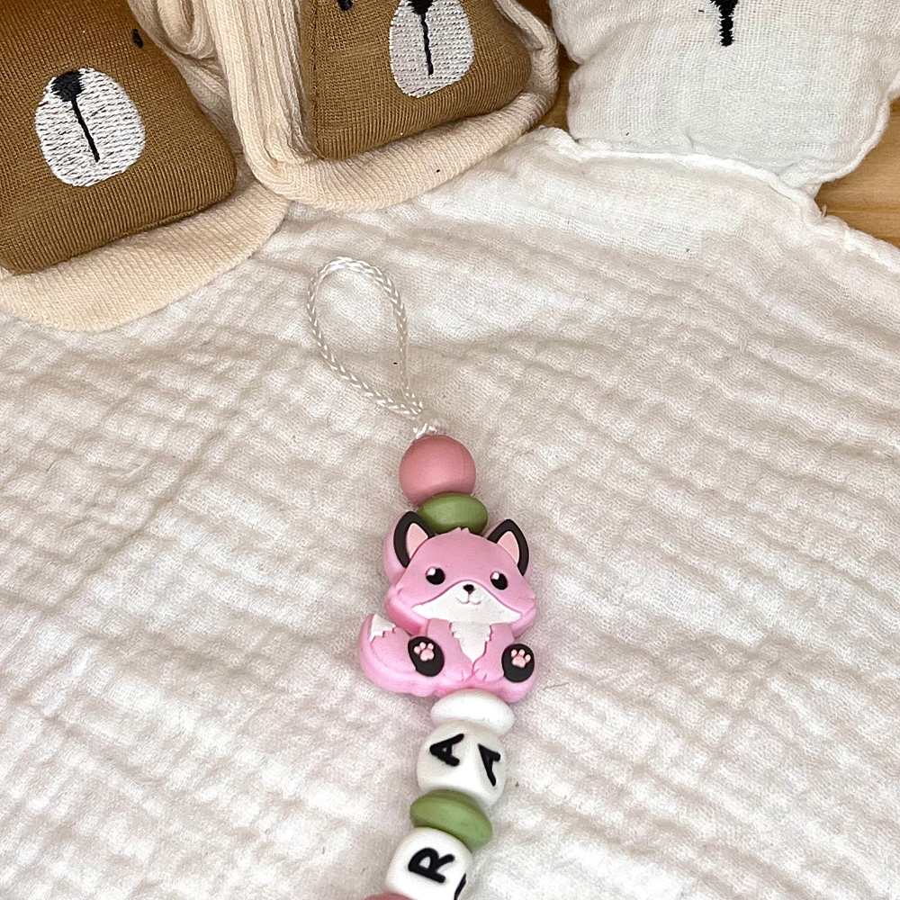 Schnullerkette mit Namen für Mädchen - Fuchs - grün rosa weiß