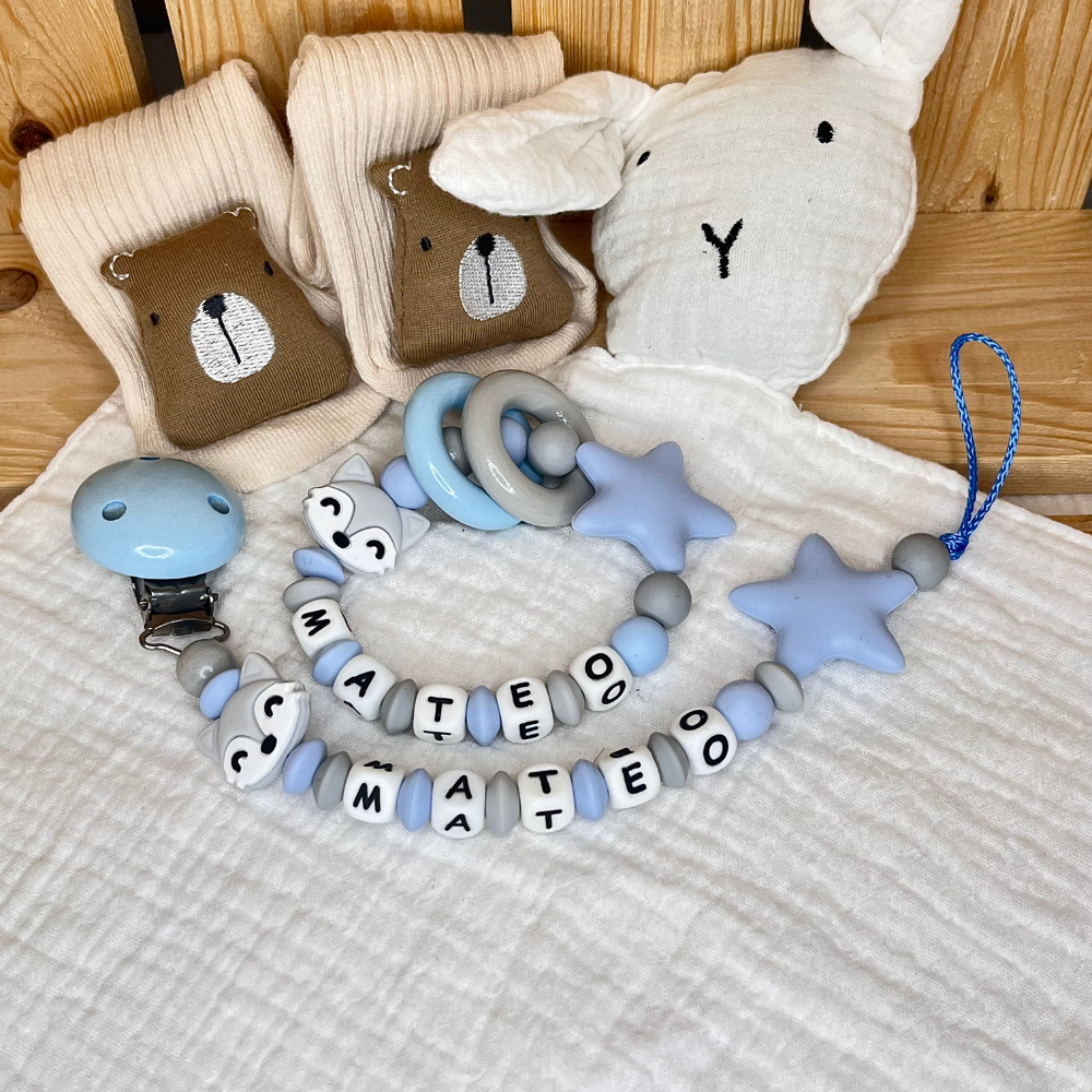 Schnullerkette & Greifling mit Namen - Fuchs - Babygeschenk - blau grau