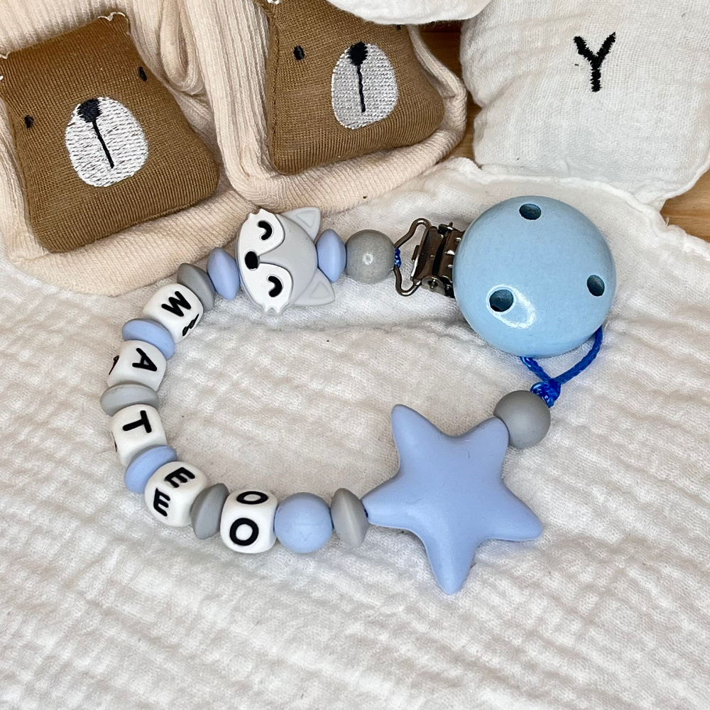 Schnullerkette & Greifling mit Namen - Fuchs - Babygeschenk - blau grau