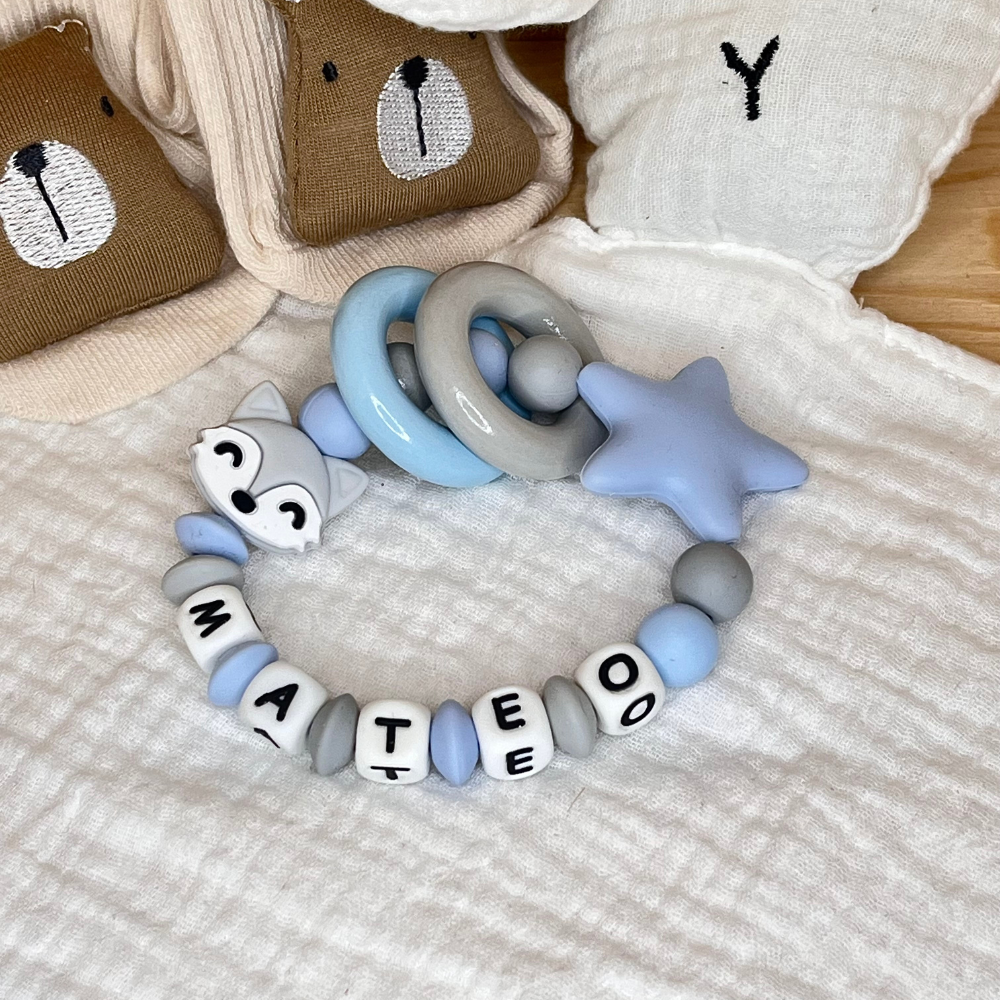 Schnullerkette & Greifling mit Namen - Fuchs - Babygeschenk - blau grau