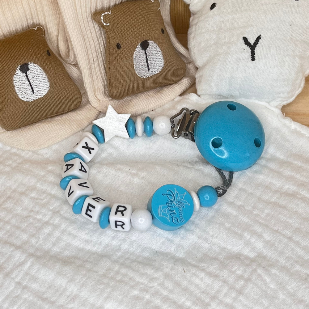 Schnullerkette mit Namen für Jungen Kleiner Prinz türkis weiß