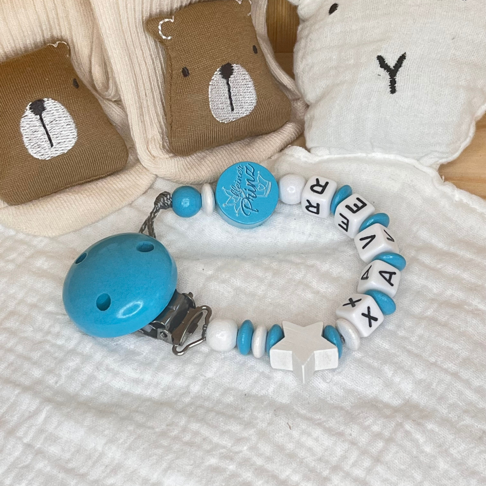 Schnullerkette mit Namen für Jungen Kleiner Prinz türkis weiß